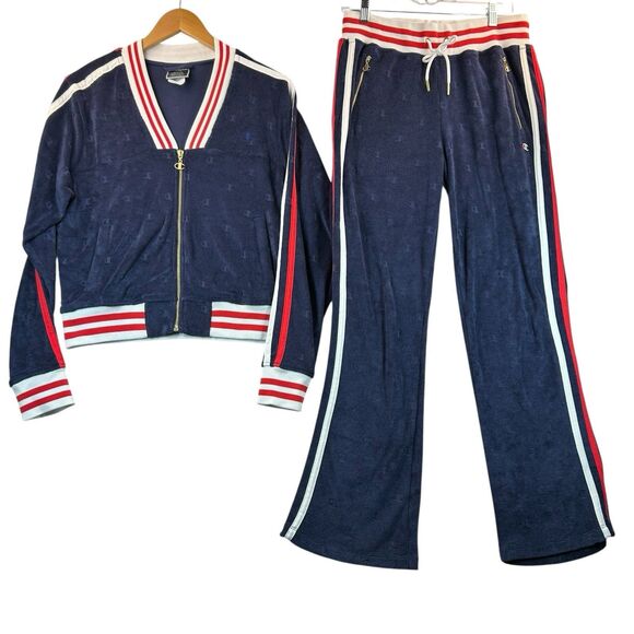 Champion Life Terry Cloth Warm Up Jacket Pants Womens Sz M Navy Red White Stripe - Picture 1 of 16